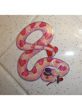 Pink Ball Python Snake w/ Hearts Sparkle Sticker top hat rose